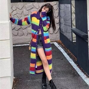 Colorful Rainbow Stripe Long Knit Cardigan Sweater Coat Boho